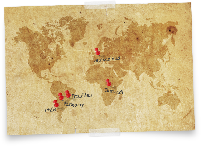 Die Existenzstandorte des Schönstatt-Instituts Marienbrüder: Deutschland, Brasilien, Paraguay, Chile und Burundi (Ostafrika)